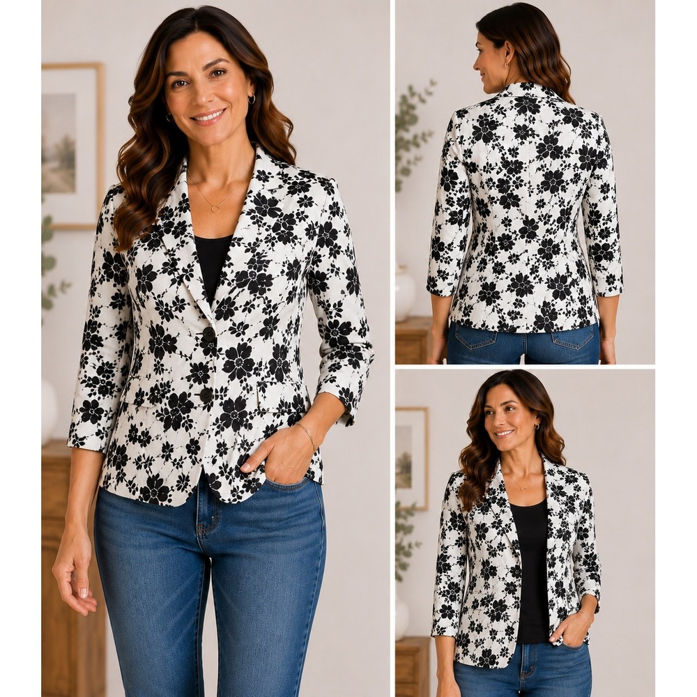 Dress‎ Barn Blazer Women Small Black White Floral 3/4 Sleeve Button Front Coat